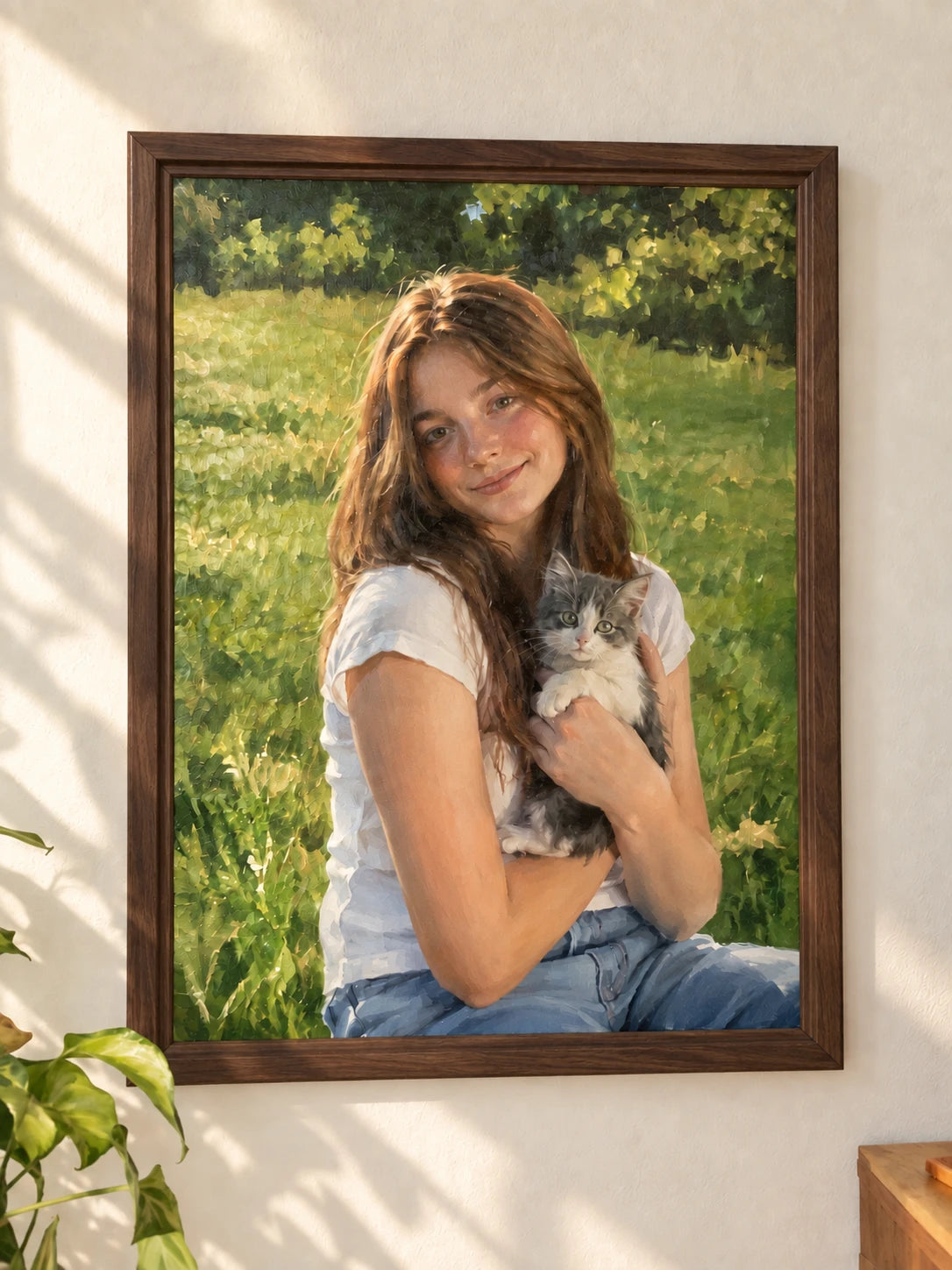 Illustrative oil portrait in a Walnut frame