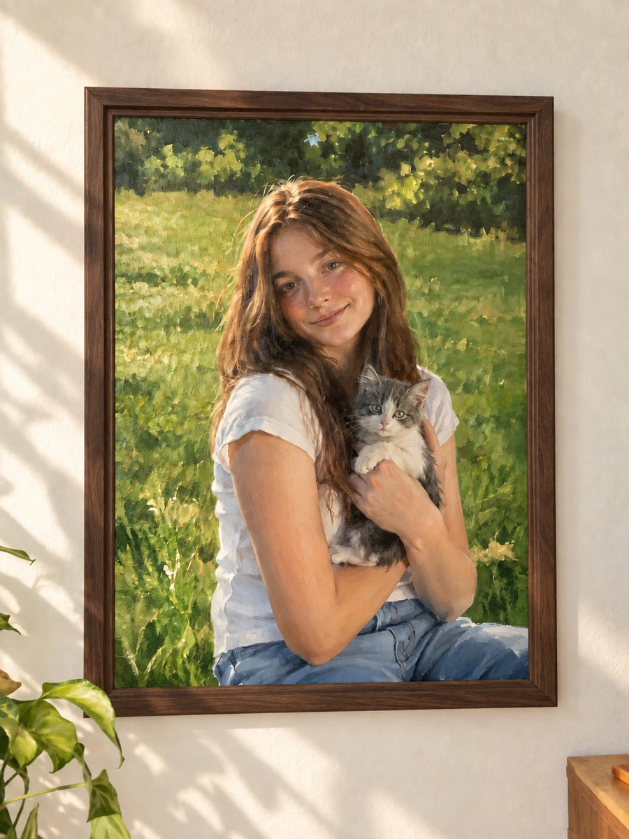 Illustrative oil portrait in a walnut frame. Brand example, not a customer order.