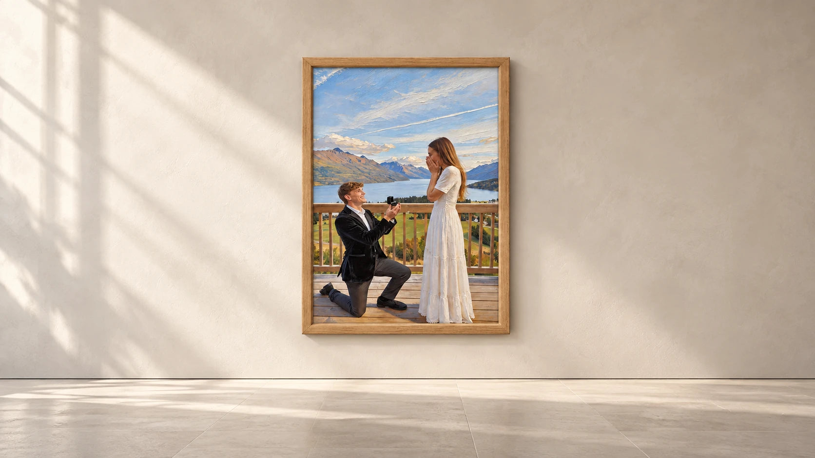 A framed proposal painting in a gallery interior — illustrative composition